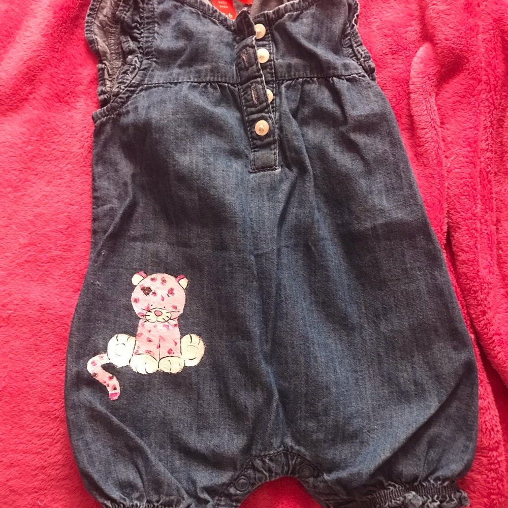 Denim Baby Romper with Pink Kitty Patch
